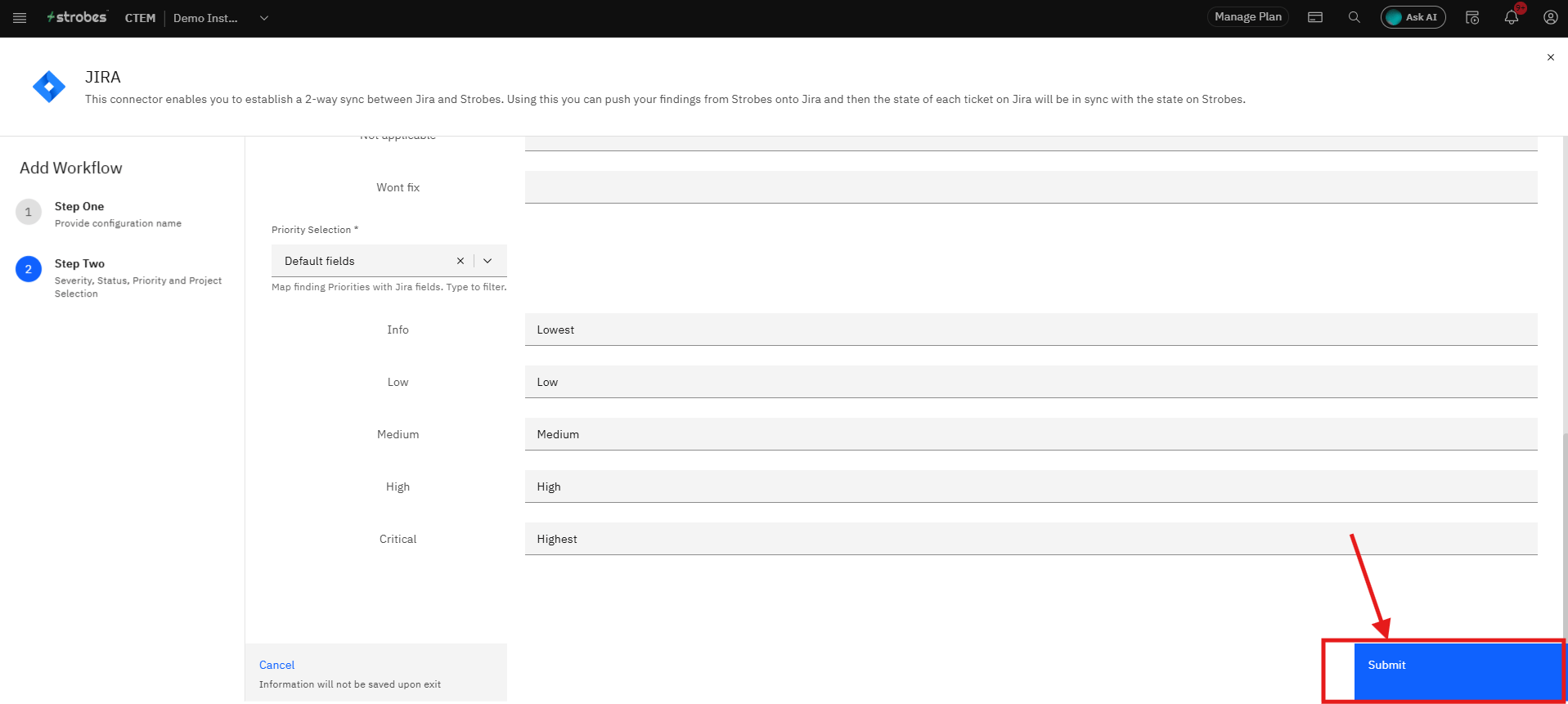 Configuring the Jira Integration in Strobes OAuth 2.0: Step 21 — Click Submit (screenshot 21)