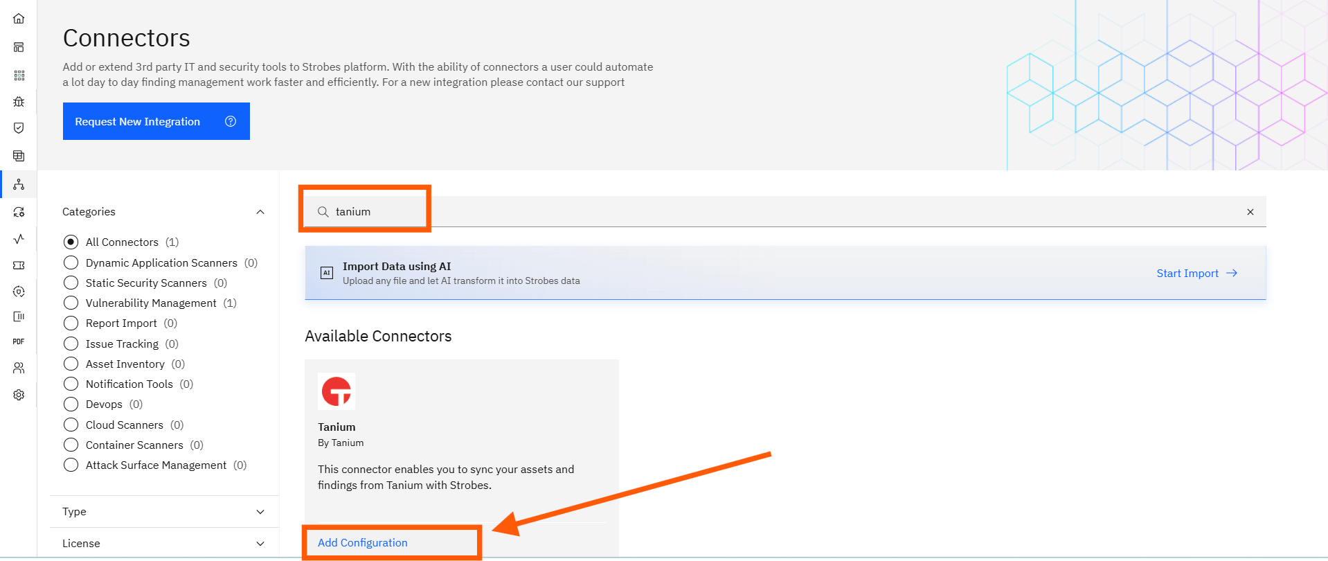 Syncing assets and vulnerabilities from Tanium: 1. Navigate to the Tanium Connector (screenshot 1)