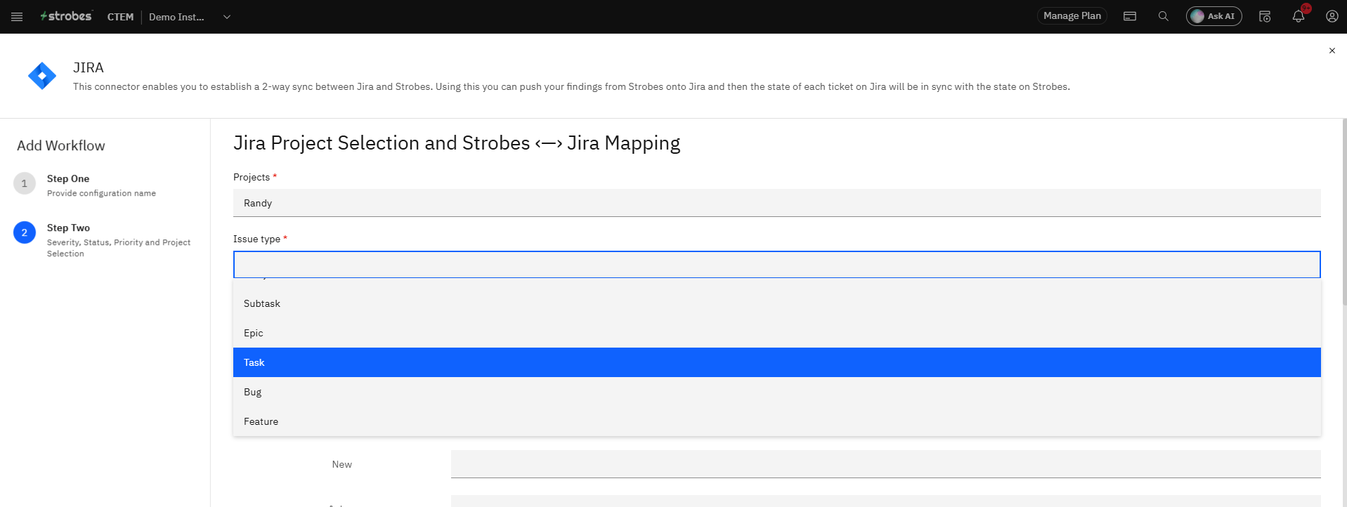 Configuring the Jira Integration in Strobes OAuth 2.0: Step 18 — Select the Issue Type (screenshot 17)