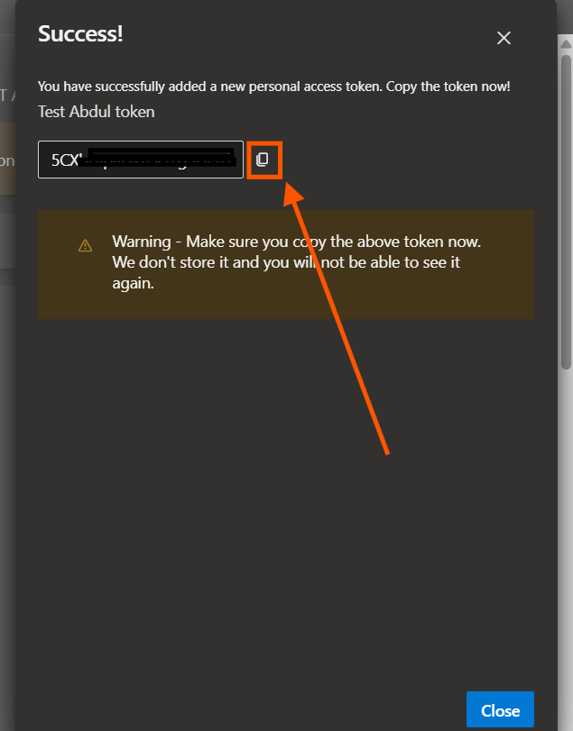 Configuring Azure Boards credentials: Step 1: Generate a Personal Access Token (PAT) in Azure DevOps (screenshot 7)