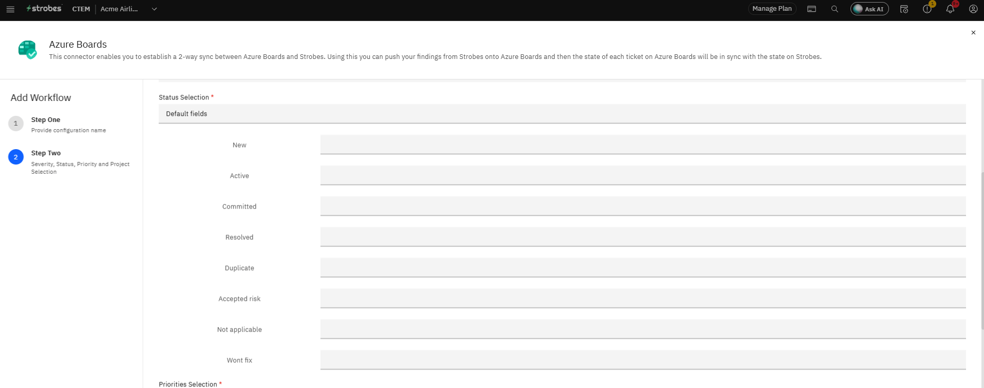 Configuring Azure Boards Integration with Strobes: Step 14 — Confirm the Status Selection Mode (screenshot 16)