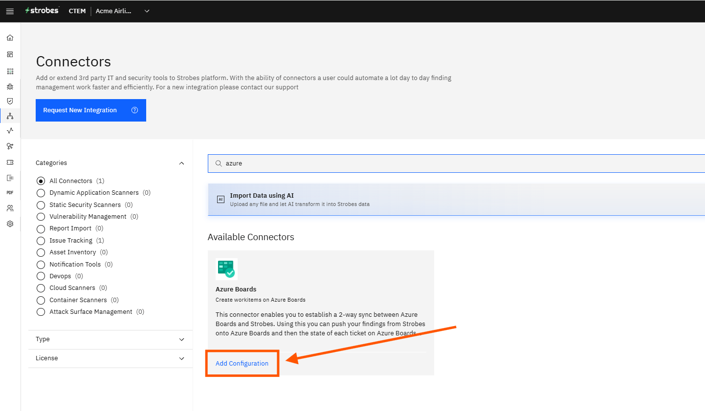 Configuring Azure Boards Integration with Strobes: Step 2 — Search for Azure Boards (screenshot 4)