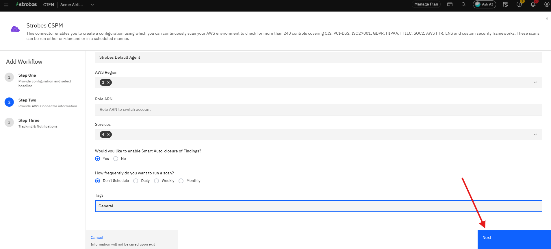 Configuring Strobes CSPM: Step 17 — Proceed to Section C (screenshot 19)