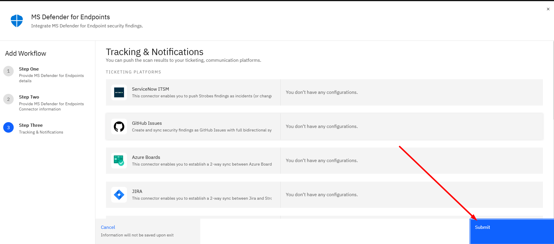 Connecting Microsoft Defender for Endpoints to Strobes: Step 19: Submit the Configuration (screenshot 19)