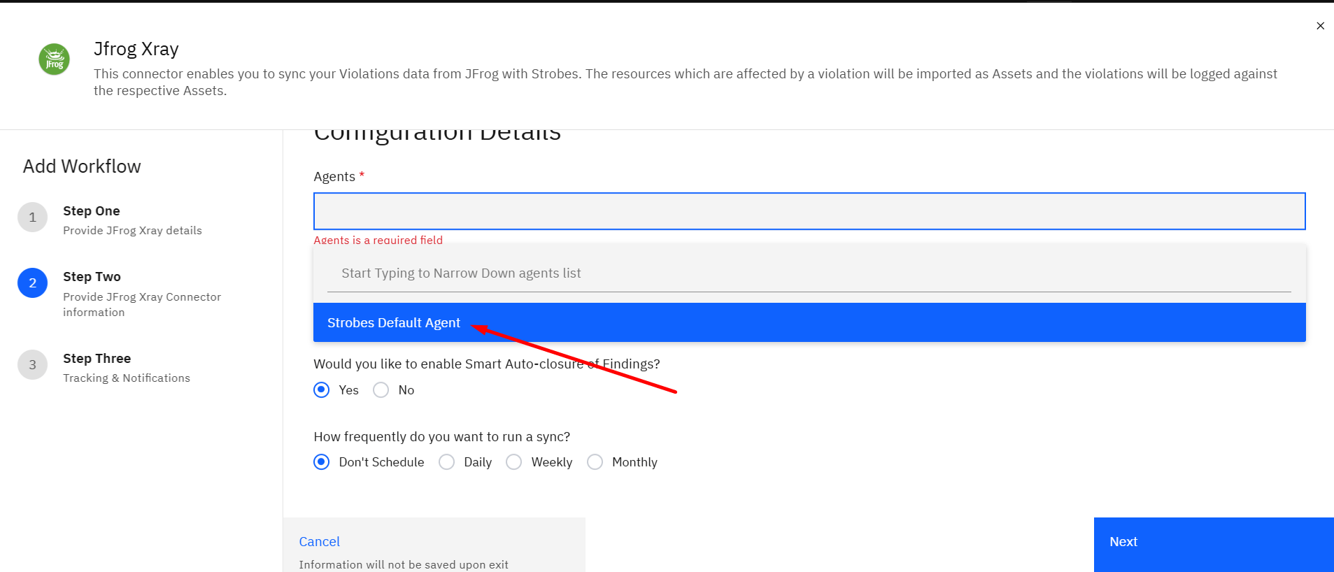 Connecting JFrog Xray (violations): Step 10: Select an Agent (screenshot 10)