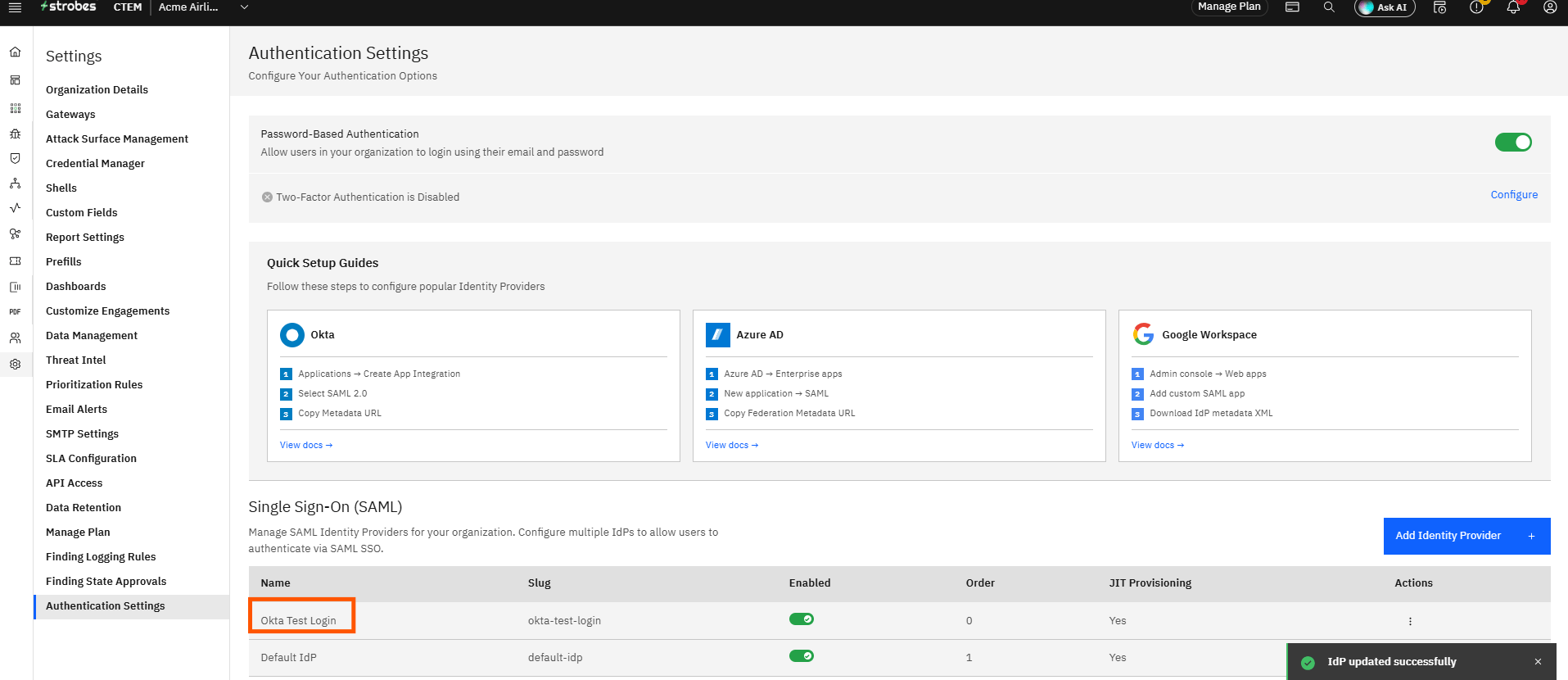Configuring Okta SSO (SAML): Step 14 — Confirm the Identity Provider Was Created (screenshot 15)