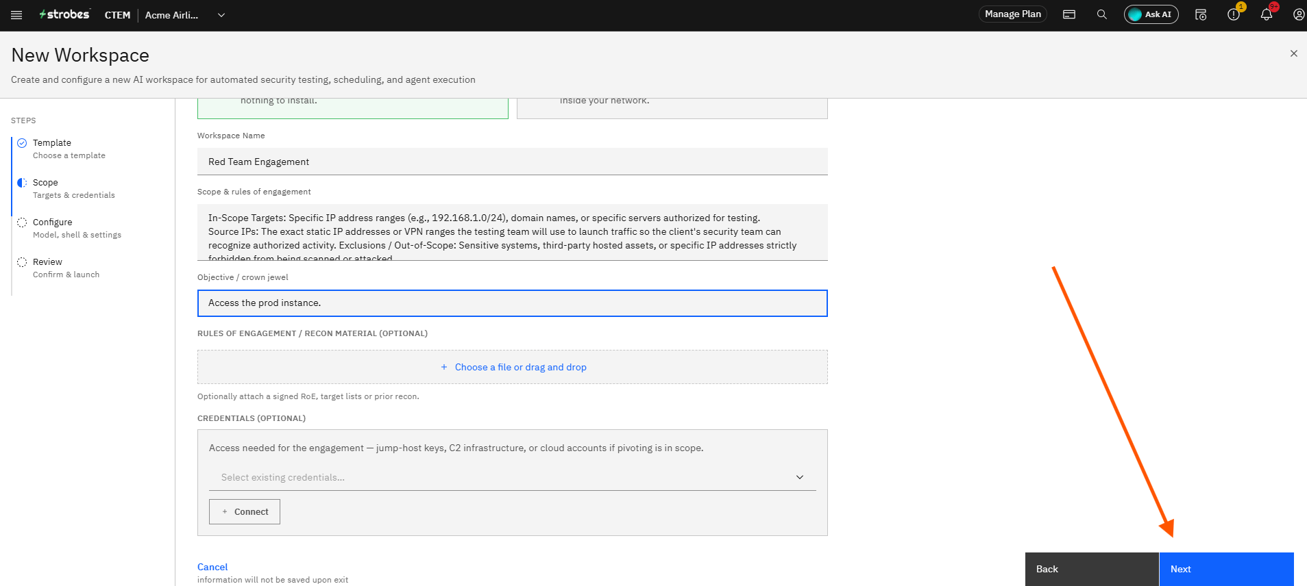 Creating a Red Team Engagement in Strobes: Step 10 — Click Next (screenshot 10)