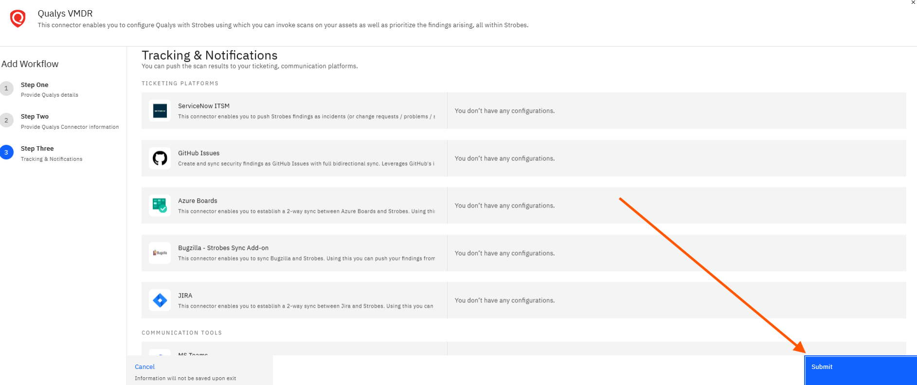 Configuring Qualys VMDR with Strobes: Step 22 — Click Submit (screenshot 22)