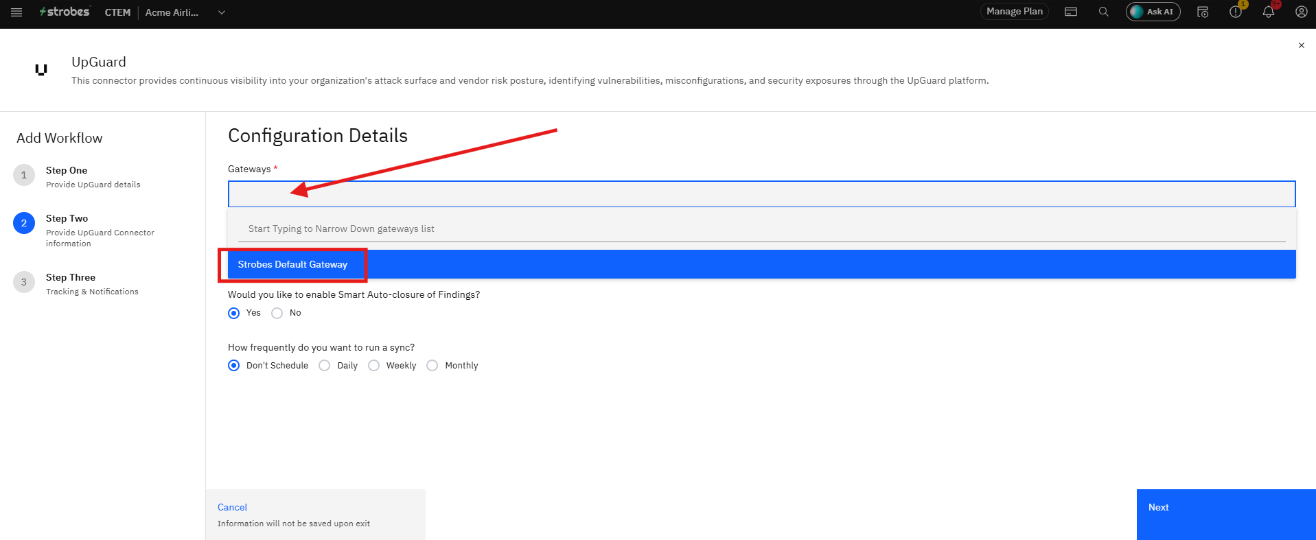 Connecting UpGuard to Strobes: Step 15 — Select a Gateway (screenshot 15)