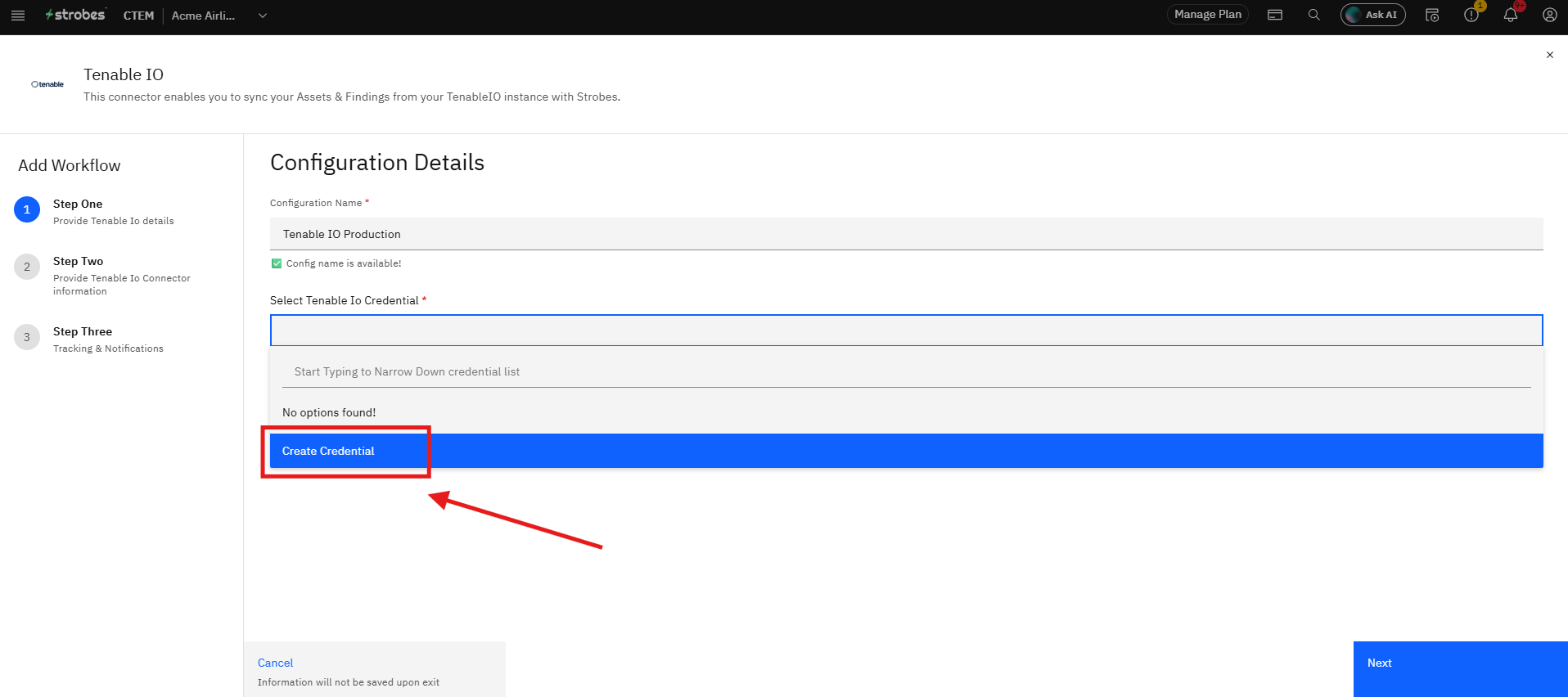 Connecting Tenable IO to Strobes: Step 10 — Click the Credential Dropdown and Select Create Credential (screenshot 5)