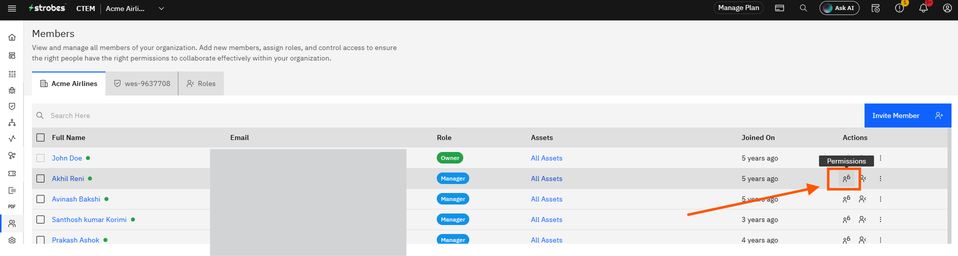 Invite Members and Manage Roles in Strobes: Step 6 — Open the Access Details Panel (screenshot 7)