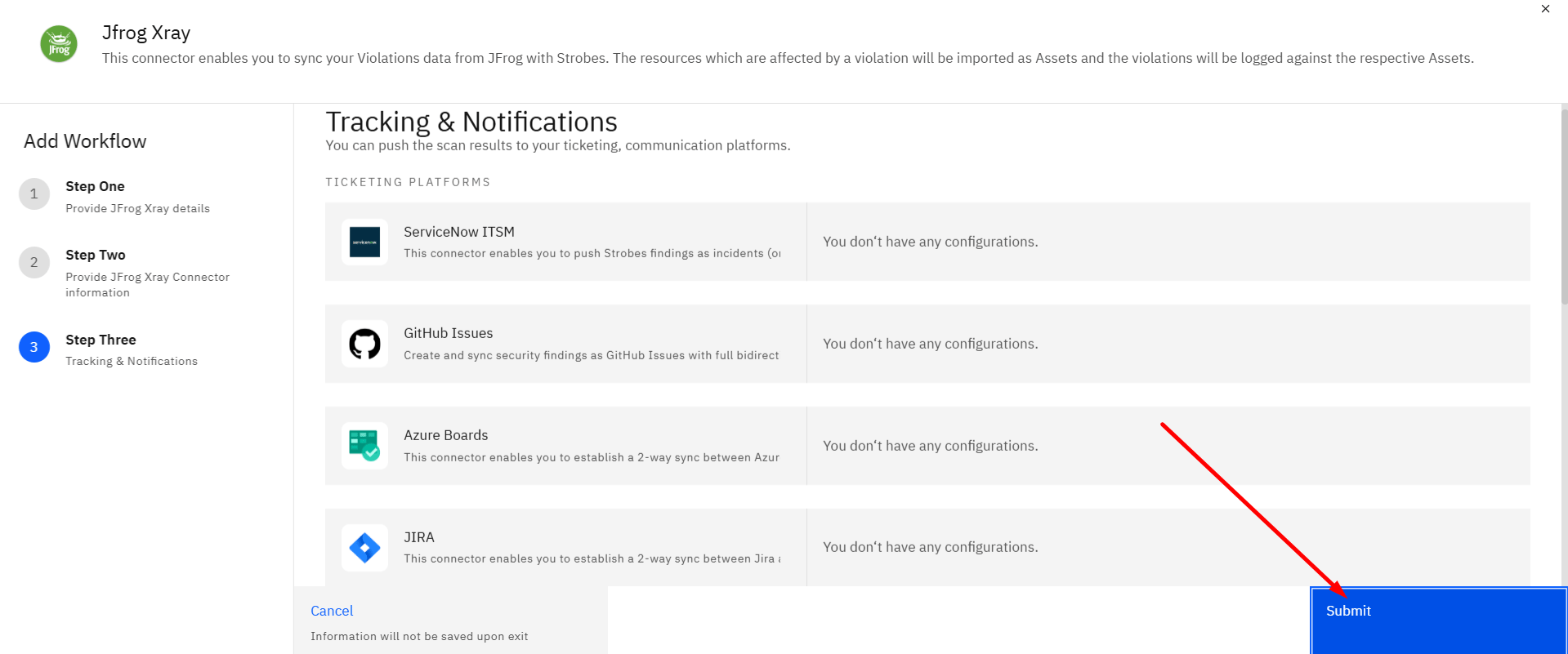 Connecting JFrog Xray (violations): Step 16: Submit the Configuration (screenshot 16)