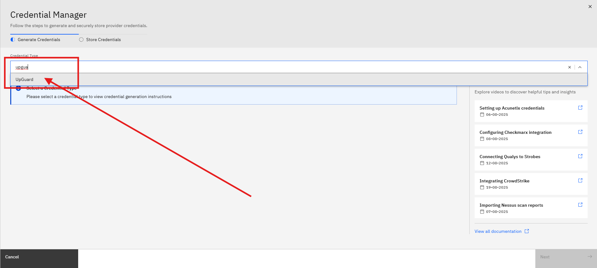 Connecting UpGuard to Strobes: Step 4 — Select UpGuard as the Credential Type (screenshot 4)