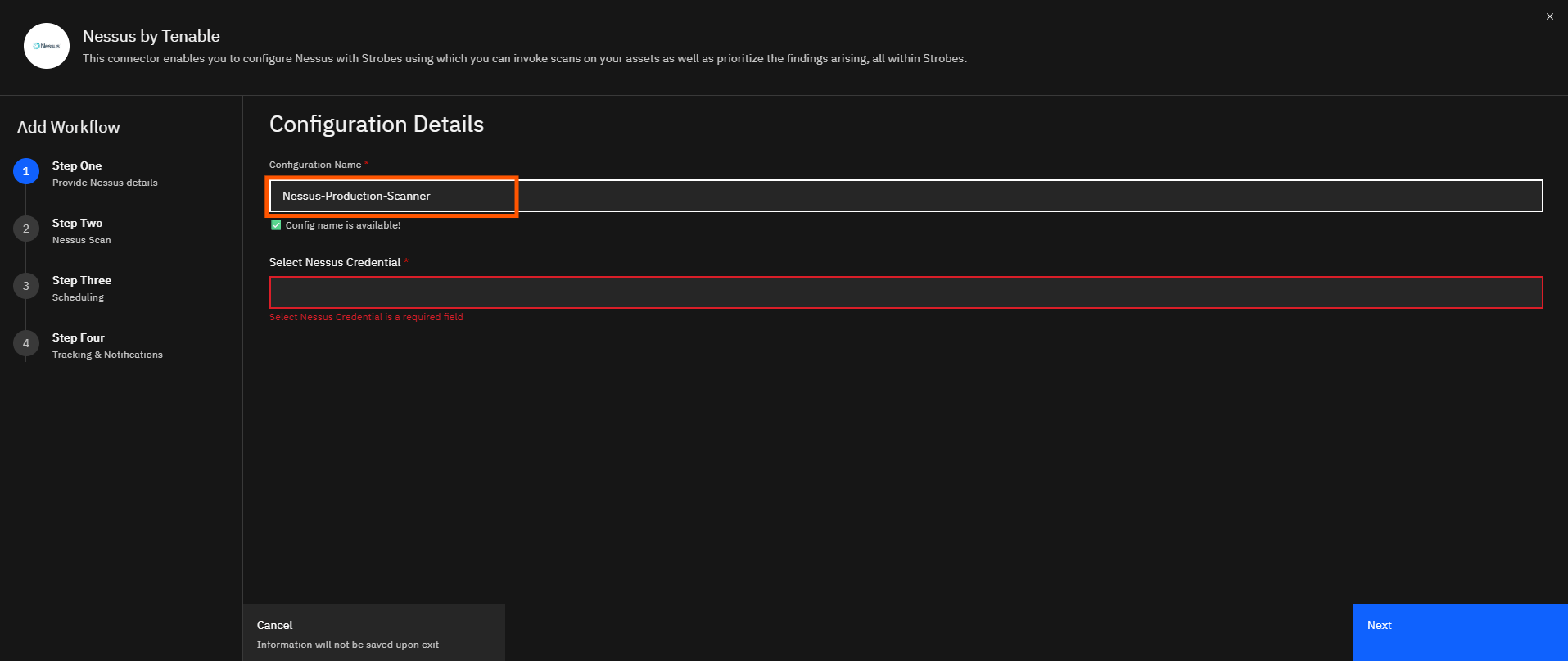 Configuring Nessus by Tenable in Strobes: Step 3: Provide Nessus Details & Add Your Credential (screenshot 6)