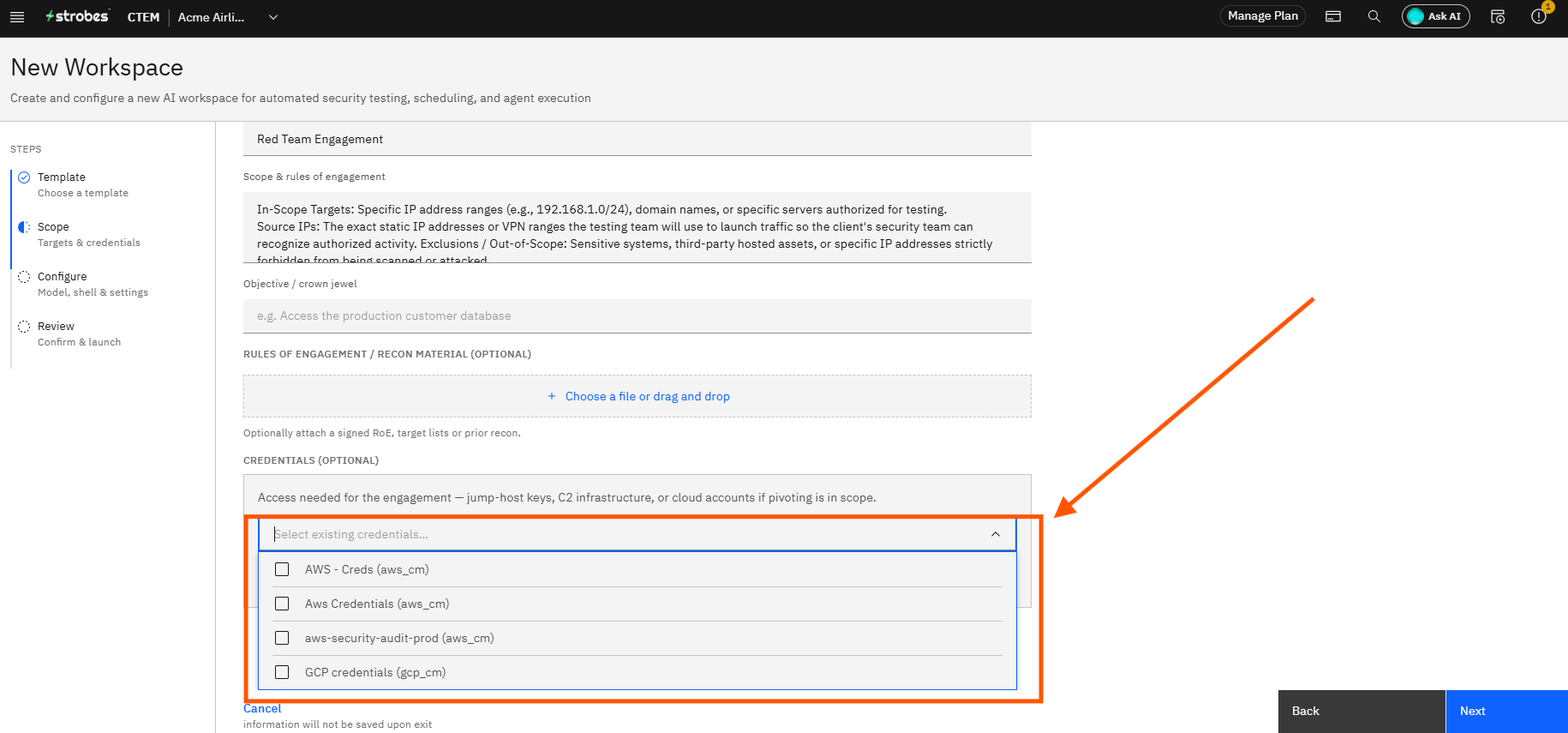 Creating a Red Team Engagement in Strobes: Step 9 — Attach Credentials (Optional) (screenshot 9)