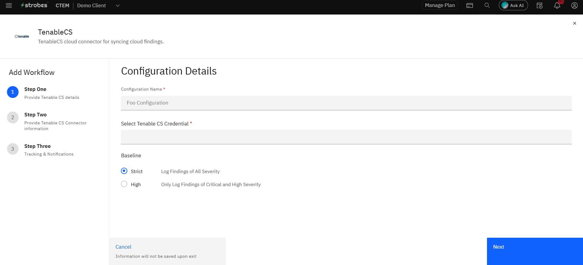 Connecting Tenable Cloud Security to Strobes: Step 3: Open the Connector (screenshot 3)