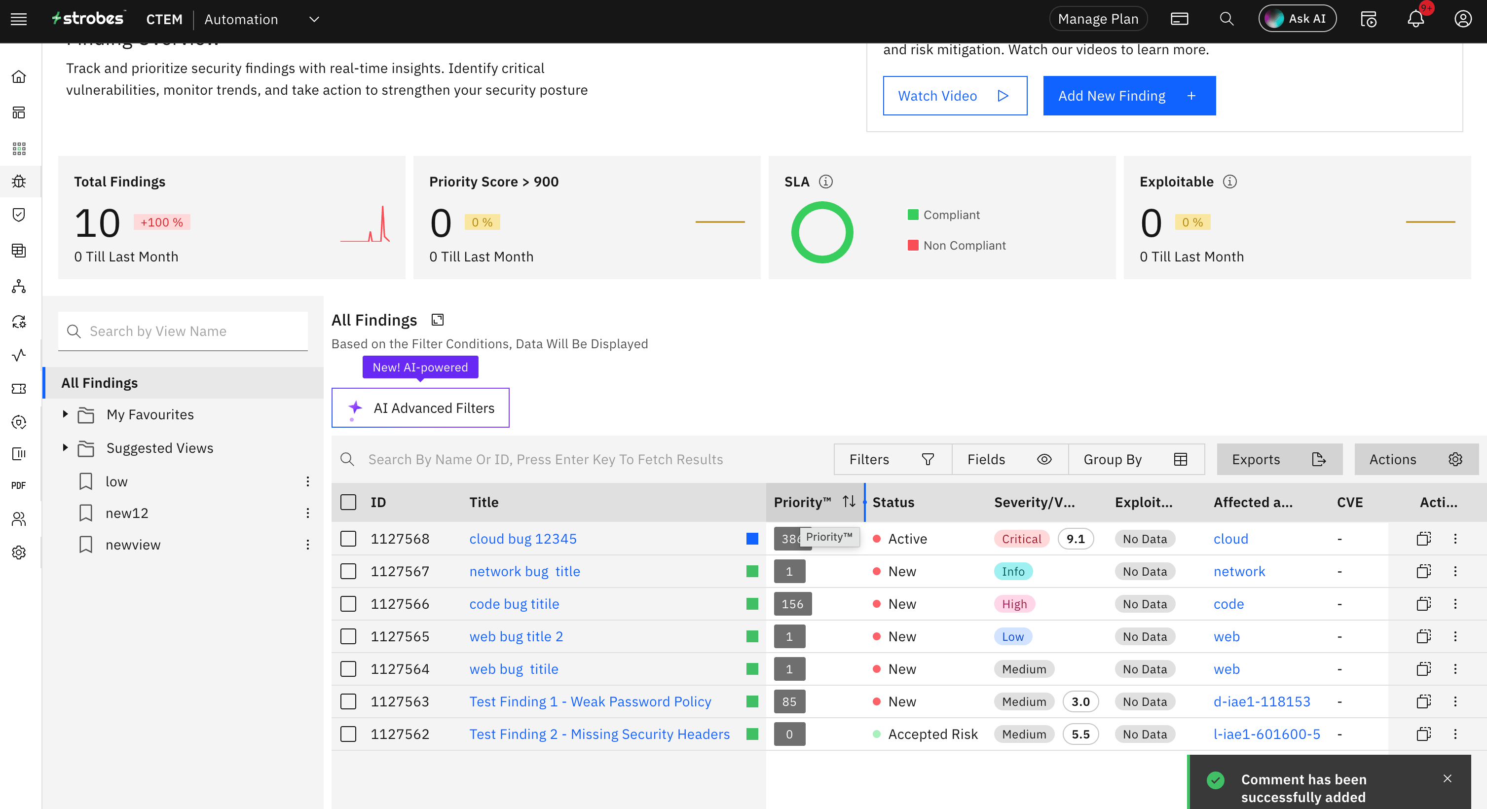 Bulk actions on findings: Add Comment Bulk Action (screenshot 16)