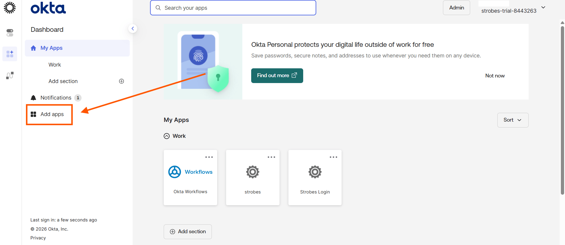 Configuring Okta SSO (SAML): Step 2 — Navigate to Applications (screenshot 2)