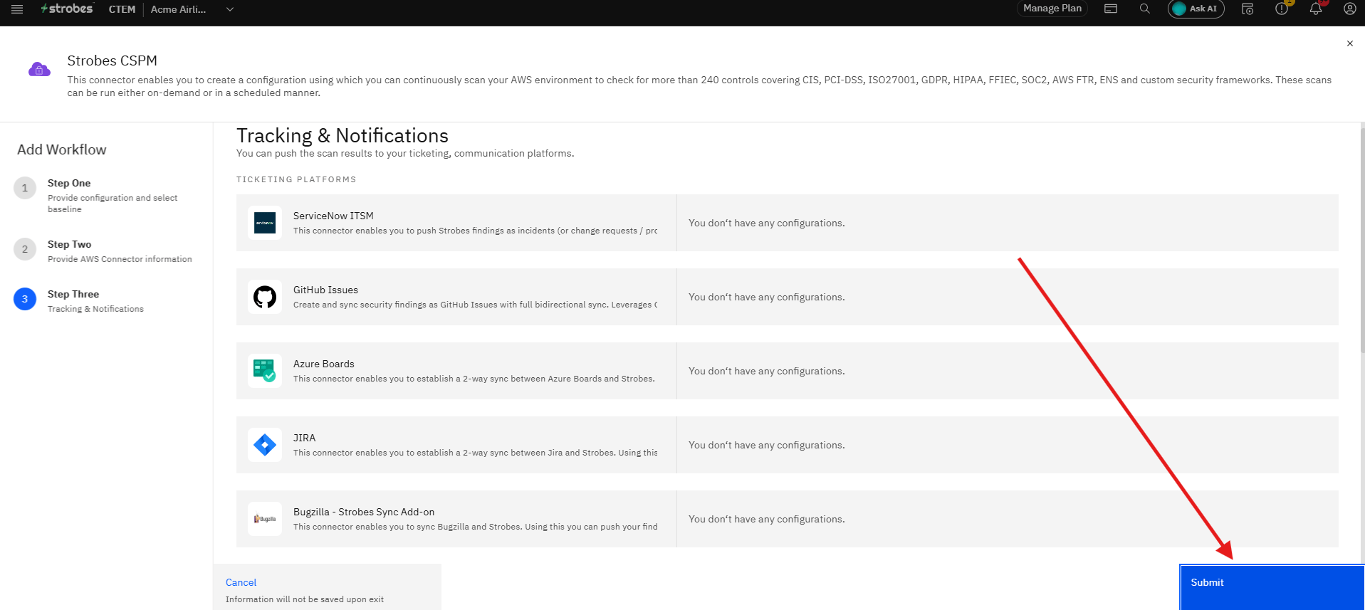 Configuring Strobes CSPM: Step 19 — Submit the Workflow (screenshot 21)