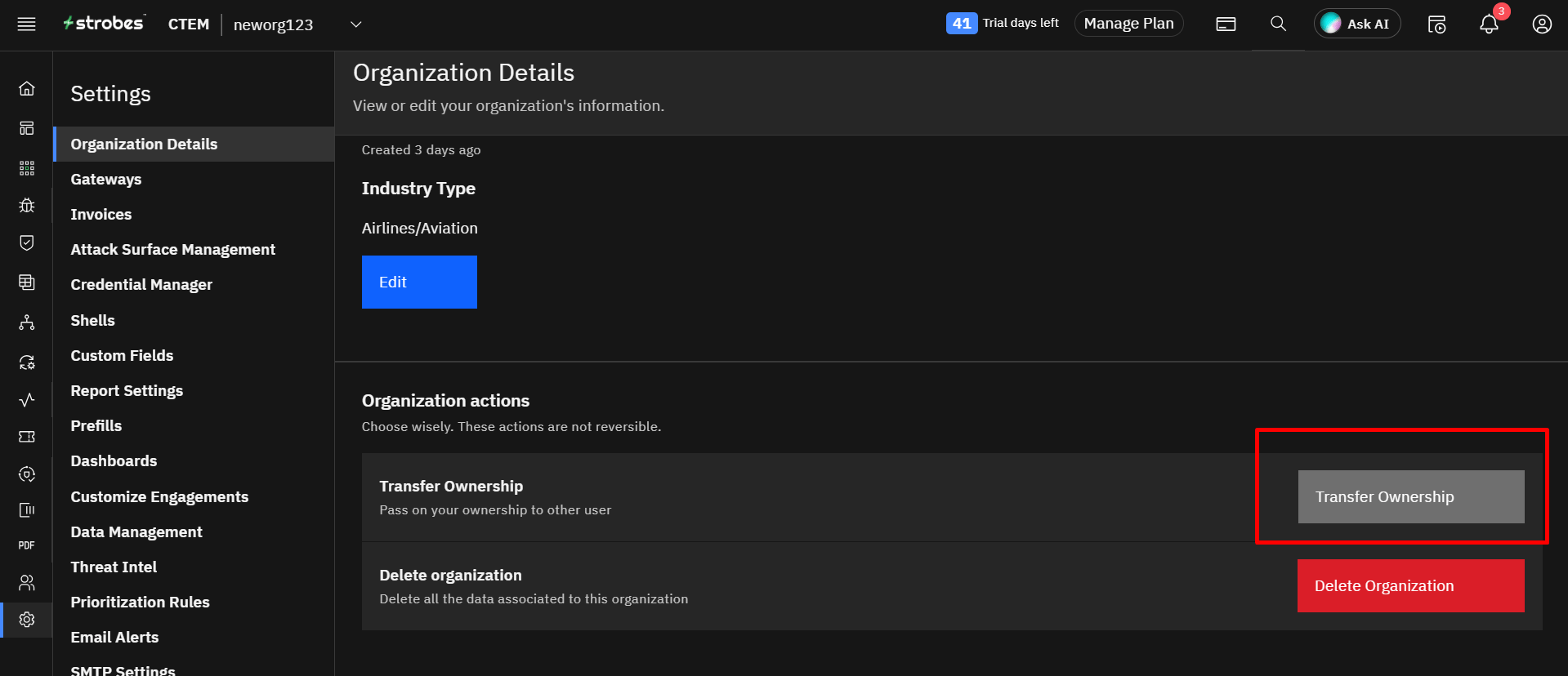 Editing organization details: Transfer Ownership (screenshot 3)