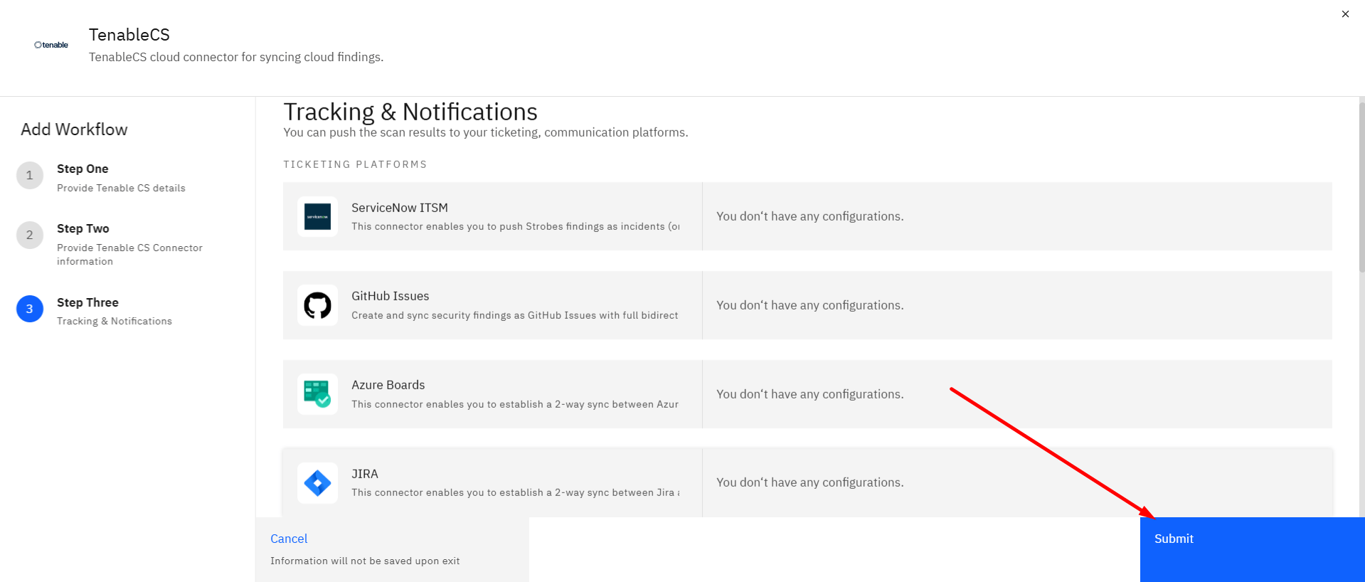 Connecting Tenable Cloud Security to Strobes: Step 16: Submit the Configuration (screenshot 16)