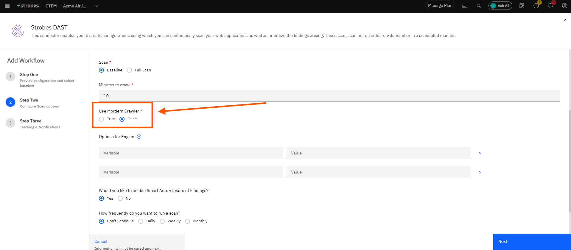 Configuring Strobes DAST: Step 14 — Set Use Modern Crawler (screenshot 14)
