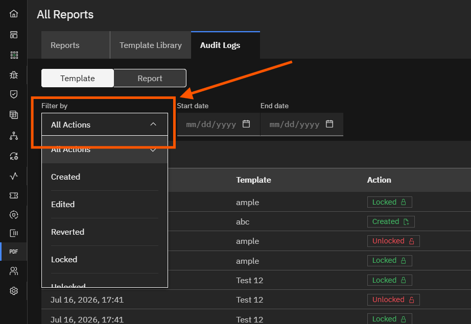Report Audit Logs: Step 4 — Filter Template Log by Action Type (screenshot 4)