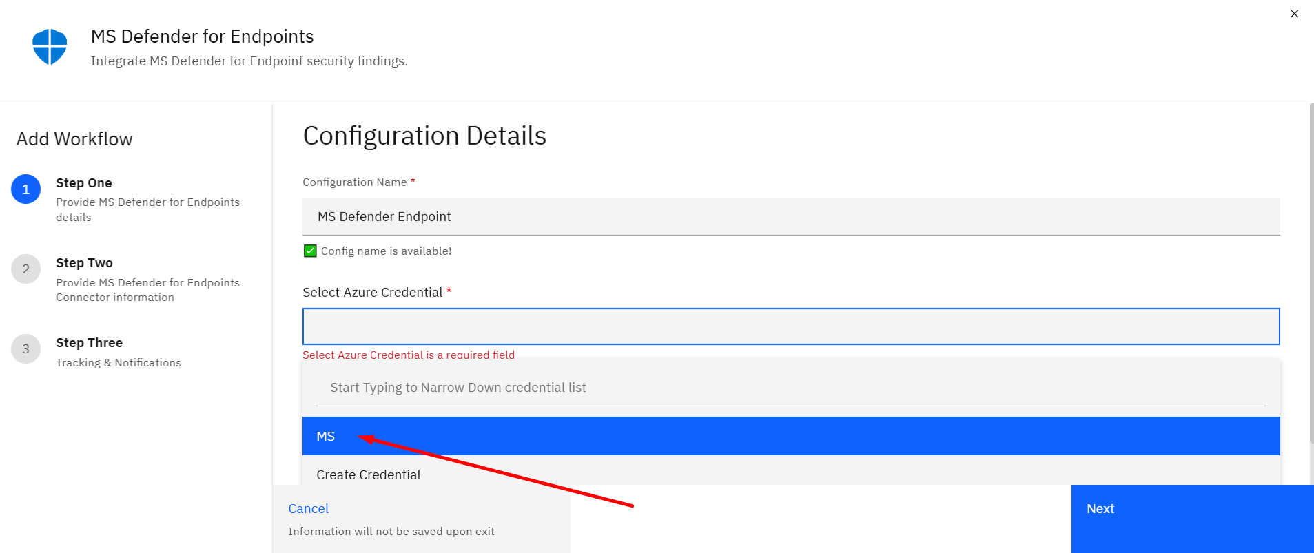 Connecting Microsoft Defender for Endpoints to Strobes: Step 5: Select MS Defender Credentials (screenshot 5)