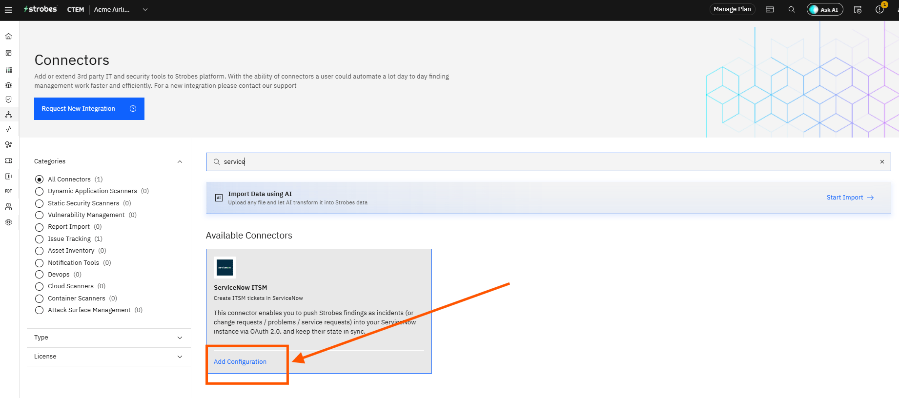 Configuring ServiceNow Credentials and Connector in Strobes: Step 3 — Click Add Configuration (screenshot 18)