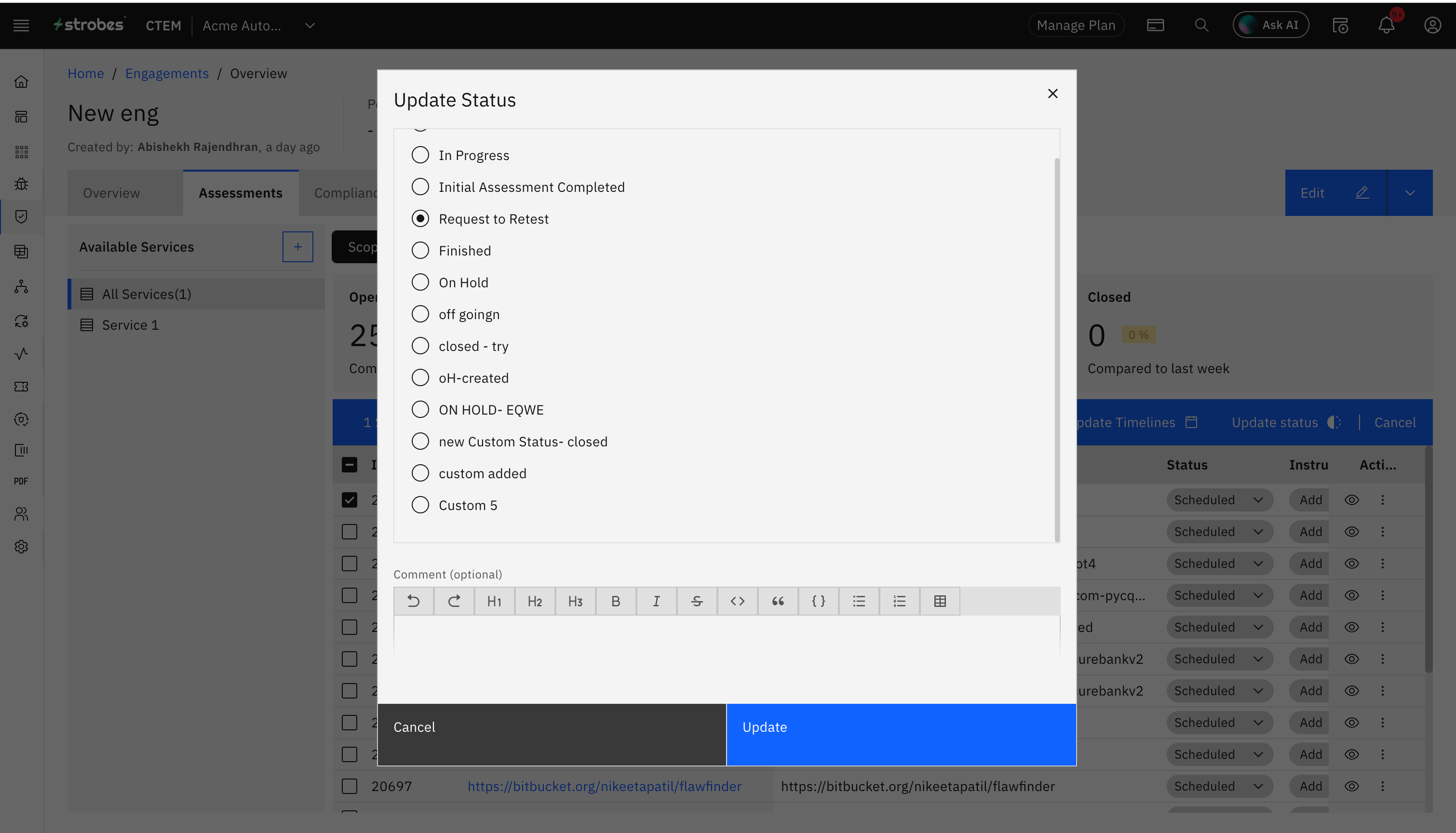 Life Cycle of an Assessment in an Engagement: Where to View and Update Assessment Status (screenshot 1)