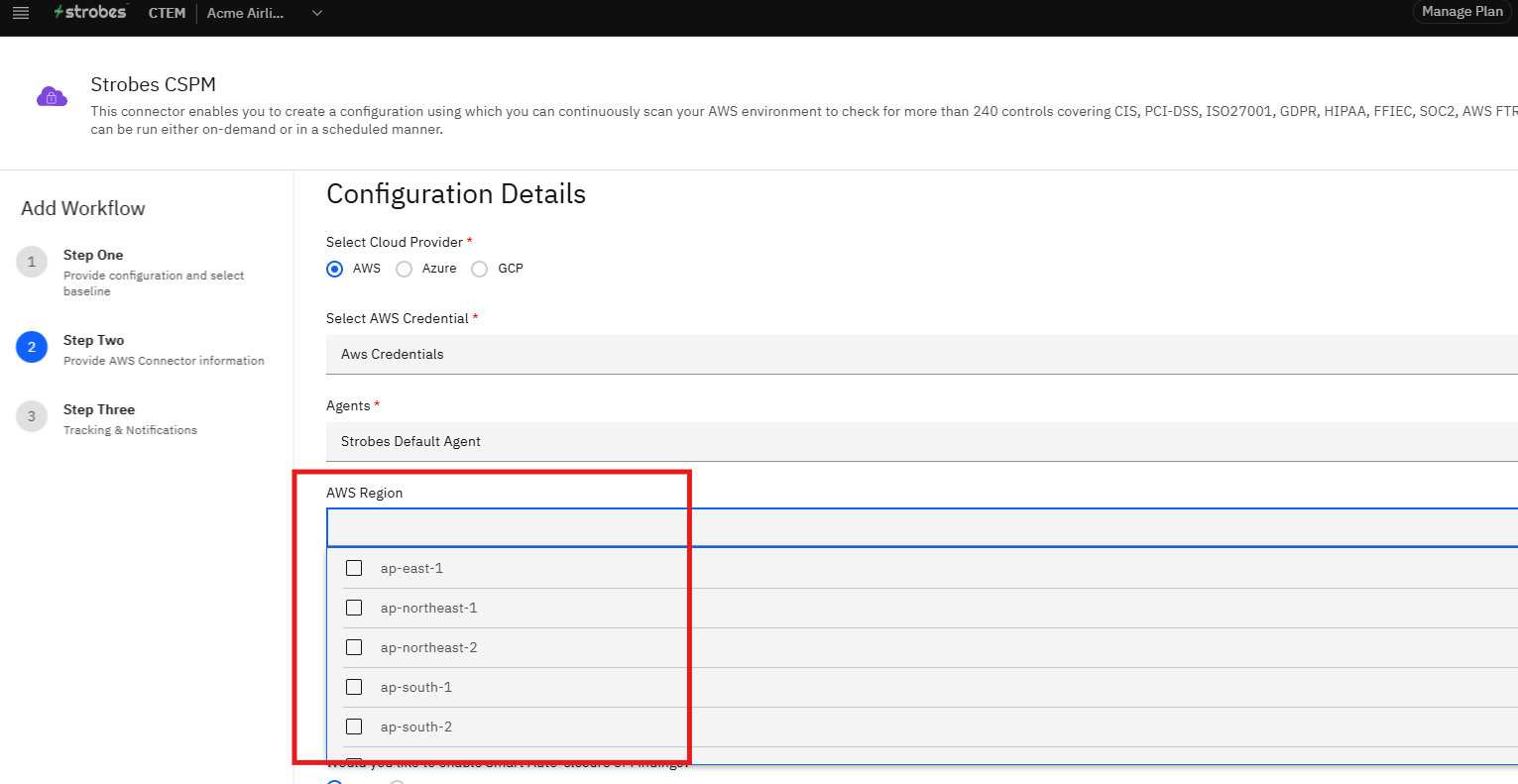 Configuring Strobes CSPM: Step 11 — Select Region(s) to Scan (screenshot 13)