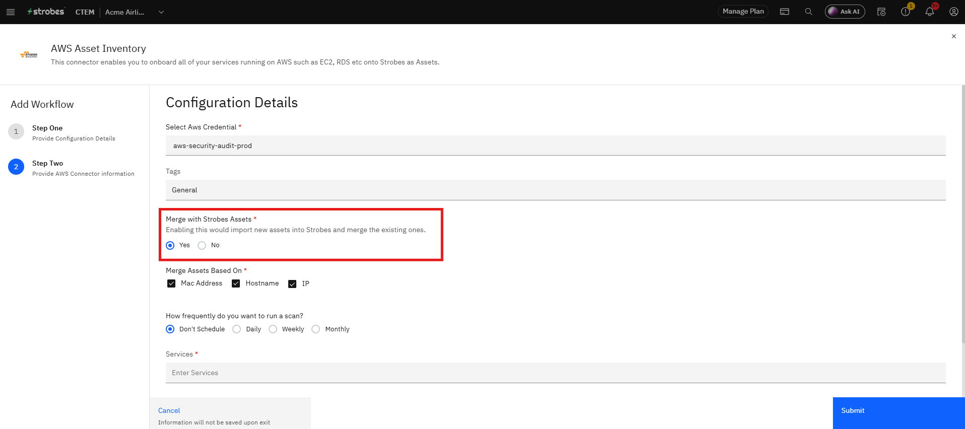 Connecting AWS Asset Inventory to Strobes: Step 9 — Set Merge with Strobes Assets (screenshot 10)
