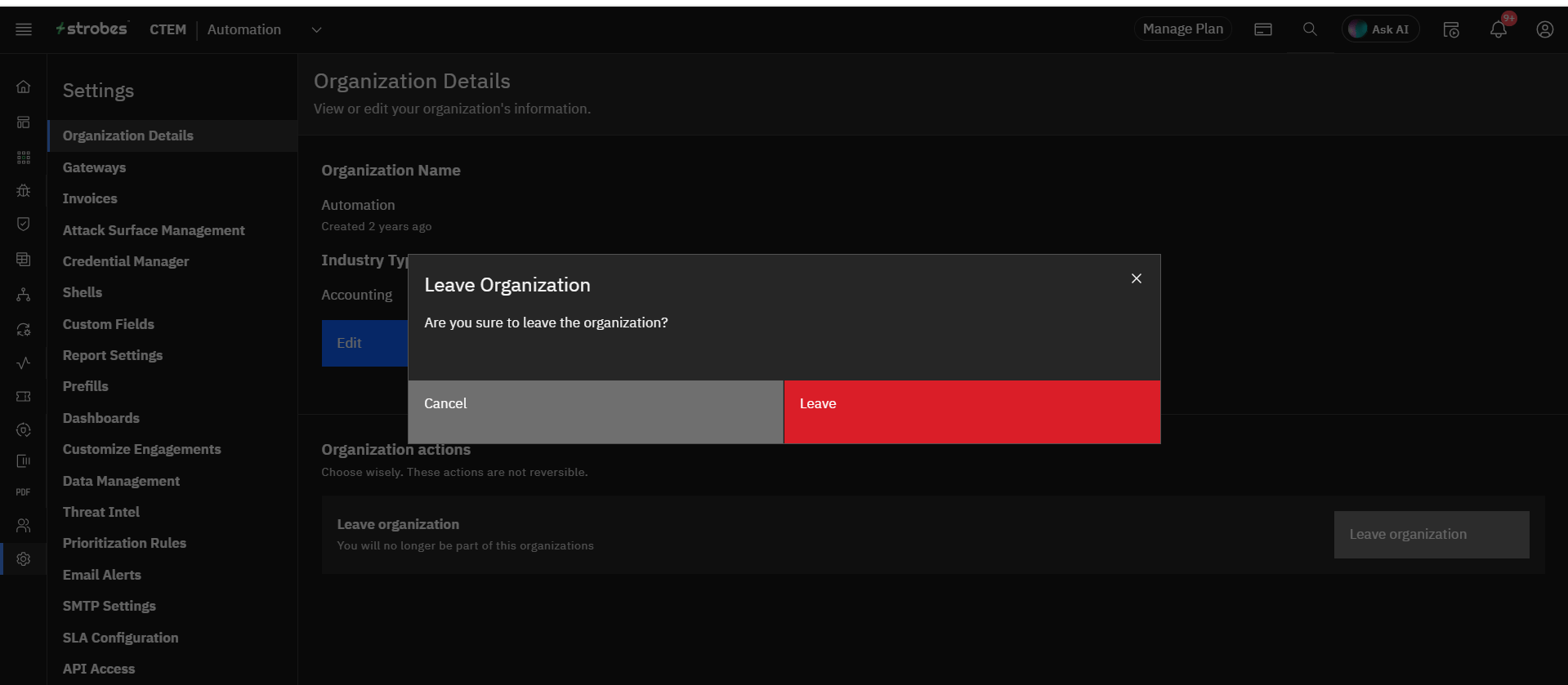 Editing organization details: Leave Organization (screenshot 7)