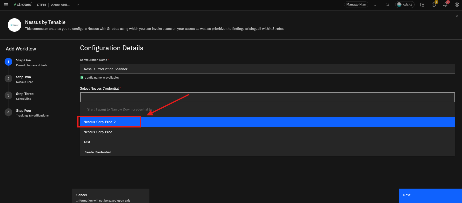 Configuring Nessus by Tenable in Strobes: Step 3: Provide Nessus Details & Add Your Credential (screenshot 14)