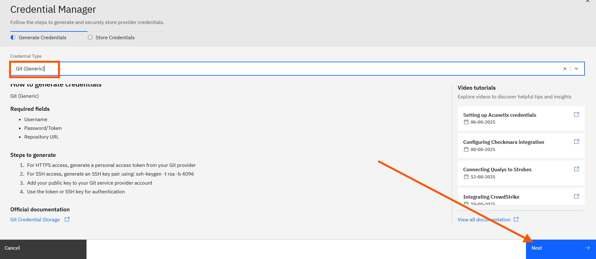 Configuring Git credentials: Step 2: Add a New Credential (screenshot 3)