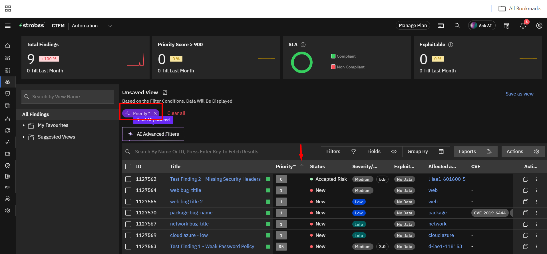 Understanding the Findings Toolbar: Sort by (screenshot 6)