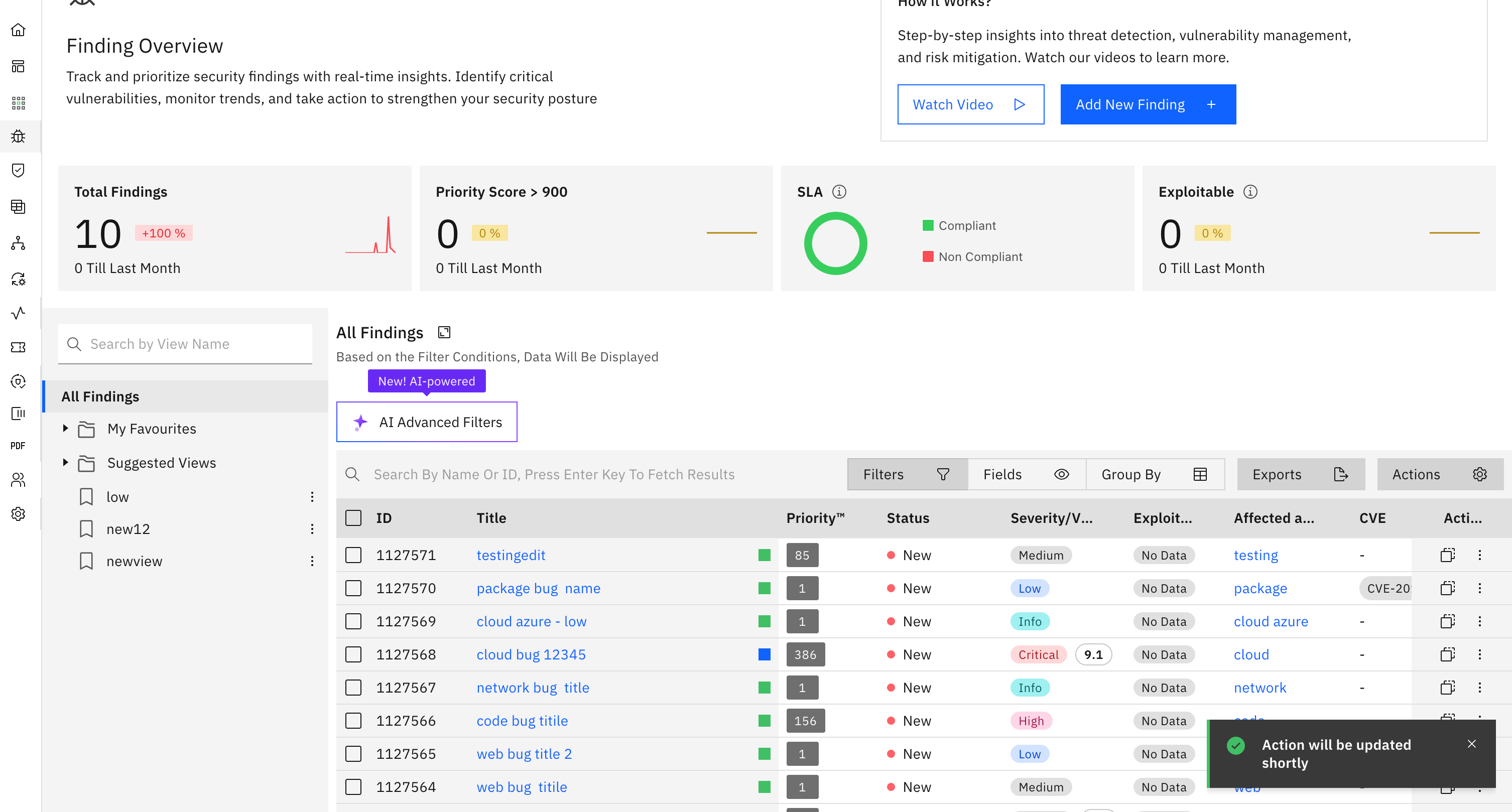 Bulk actions on findings: SLA Bulk Action (screenshot 2)