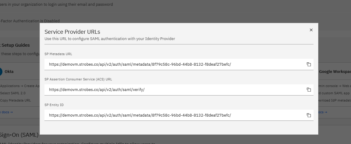 Configuring Okta SSO (SAML): Step 16 — Copy the ACS URL and the SP Entity ID (screenshot 17)