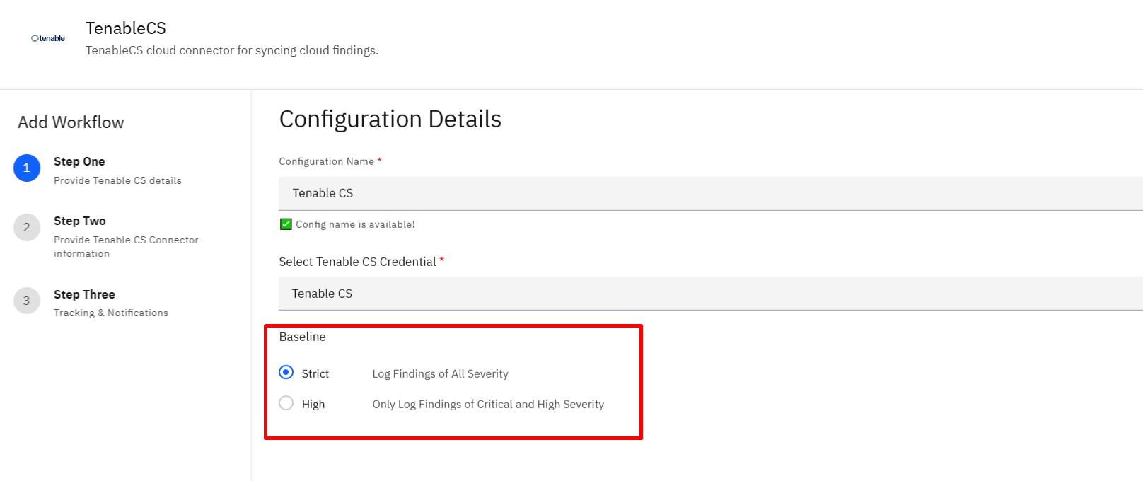 Connecting Tenable Cloud Security to Strobes: Step 8: Choose a Baseline (screenshot 8)