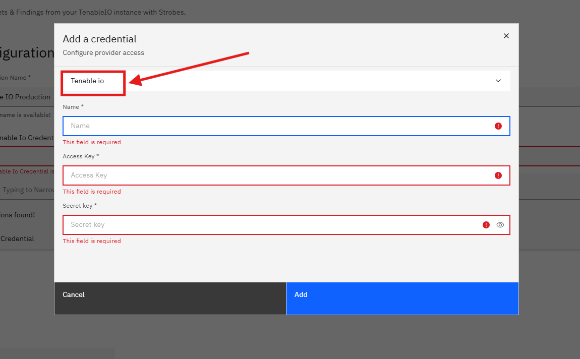 Connecting Tenable IO to Strobes: Step 11 — Verify the Provider Is Set to Tenable IO (screenshot 6)