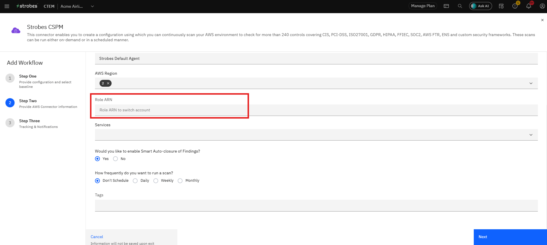 Configuring Strobes CSPM: Step 12 — Enter a Role ARN (Optional) (screenshot 14)