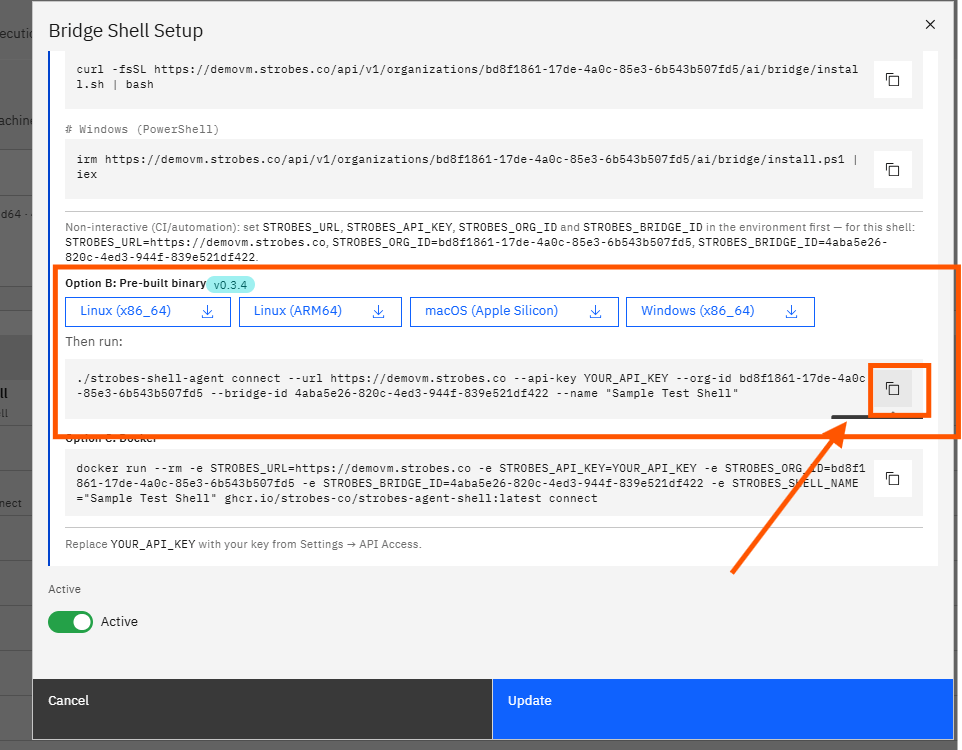 Creating a Shell Using Shell Bridge in Strobes: Step 9 — Copy the Connect Command from the Modal (screenshot 9)