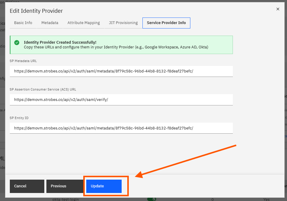 Configuring Okta SSO (SAML): Step 27 — Click Update on the Service Provider Info Tab (screenshot 28)