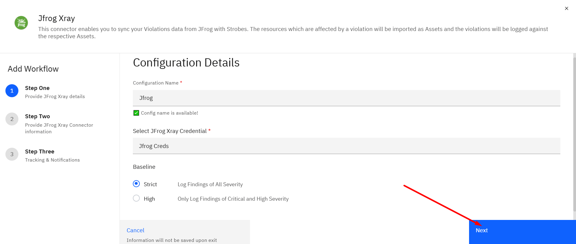 Connecting JFrog Xray (violations): Step 9: Proceed to Step Two (screenshot 9)
