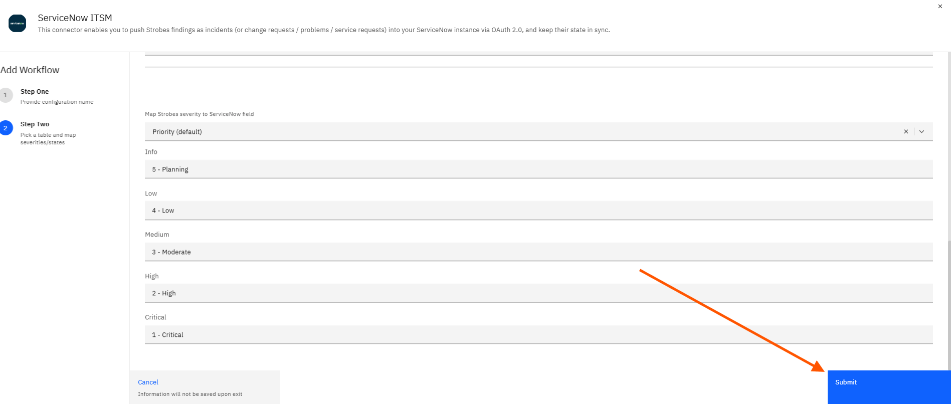 Configuring ServiceNow Credentials and Connector in Strobes: Step 11 — Click Submit (screenshot 26)