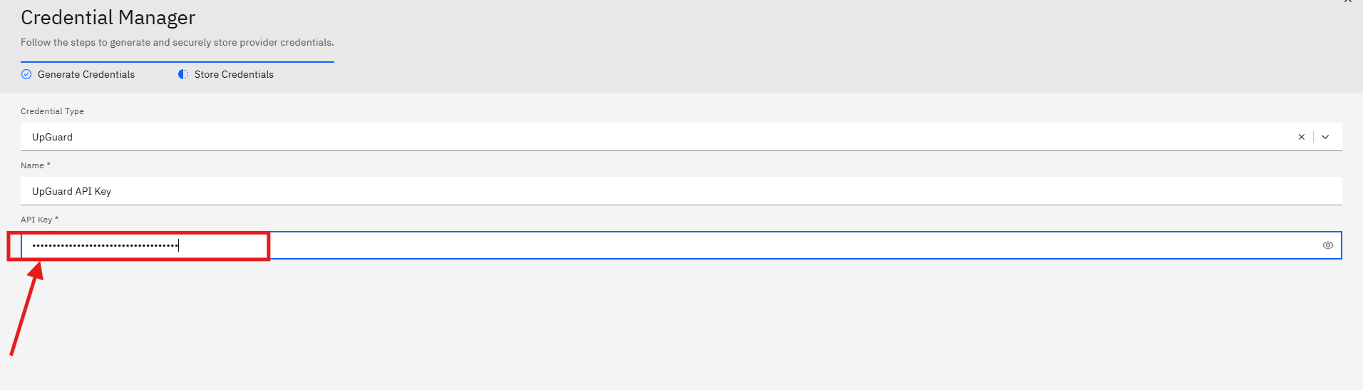 Connecting UpGuard to Strobes: Step 6 — Paste the API Key (screenshot 6)