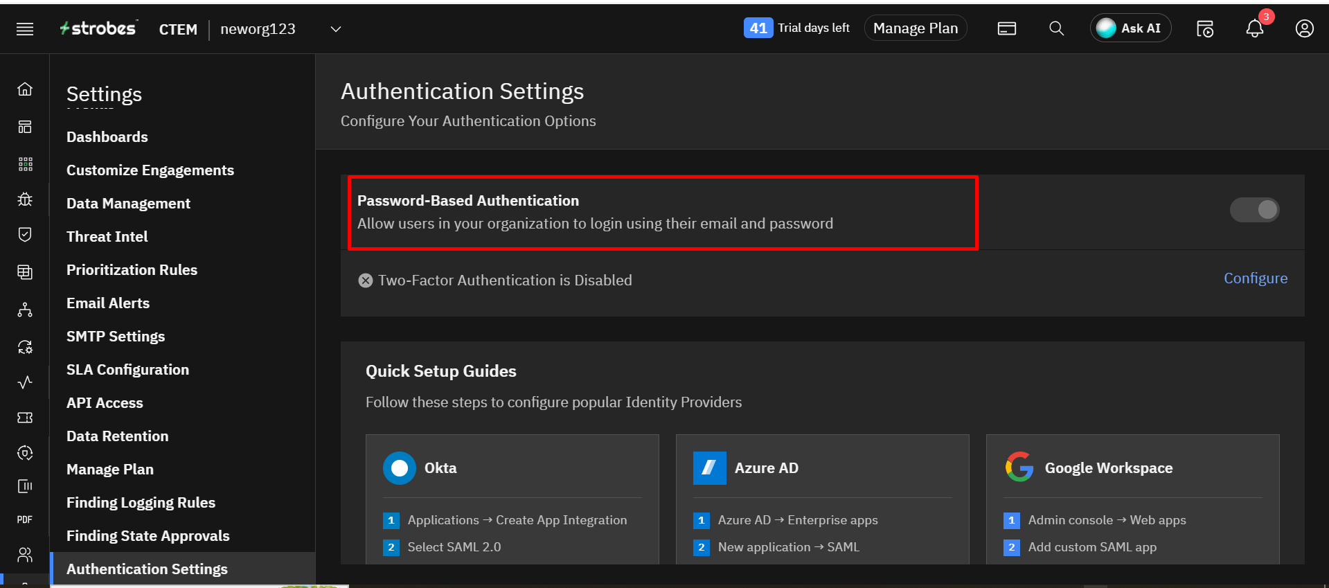 Enabling Two-Factor Authentication: Step 1: Go to Authentication Settings (screenshot 1)