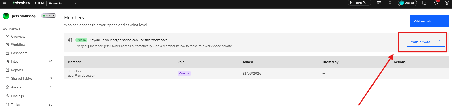 Managing AI Workspace Isolation and AI Member Access: Step 5 — Click Make Private (screenshot 5)