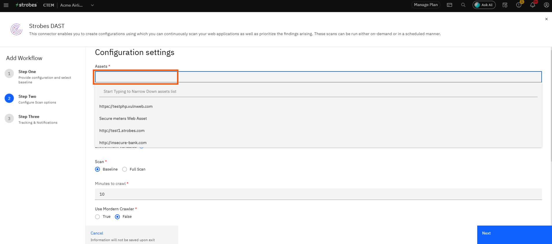 Configuring Strobes DAST: Step 8 — Select an Asset (screenshot 8)