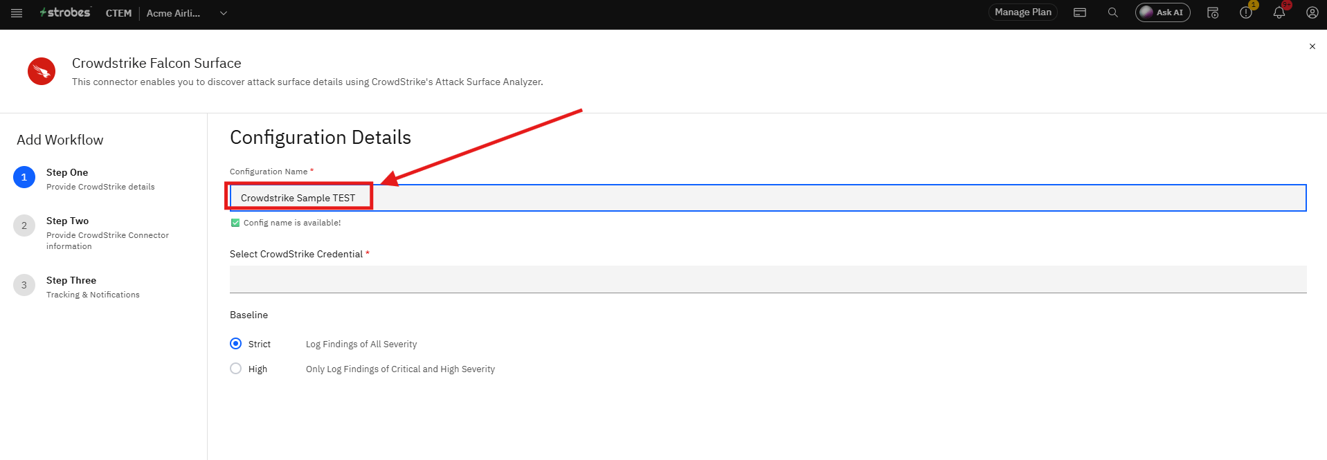 Connecting CrowdStrike Falcon Surface to Strobes: Step 4 — Enter a Configuration Name (screenshot 4)